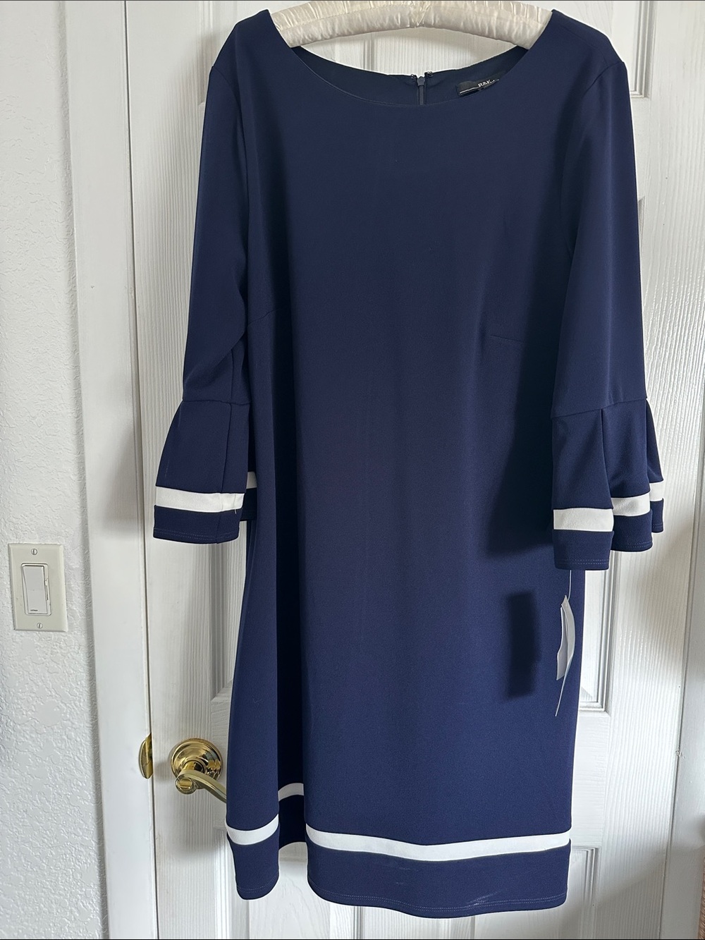 R&K Navy Midi Dress with White Stripe Accents Size 16 Gorgeous formal dress